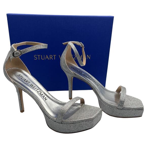 Stuart Weitzman Nudist Party 95 Ankle Strap Platform Heels Sandals Silver 9.5 - Picture 1 of 9